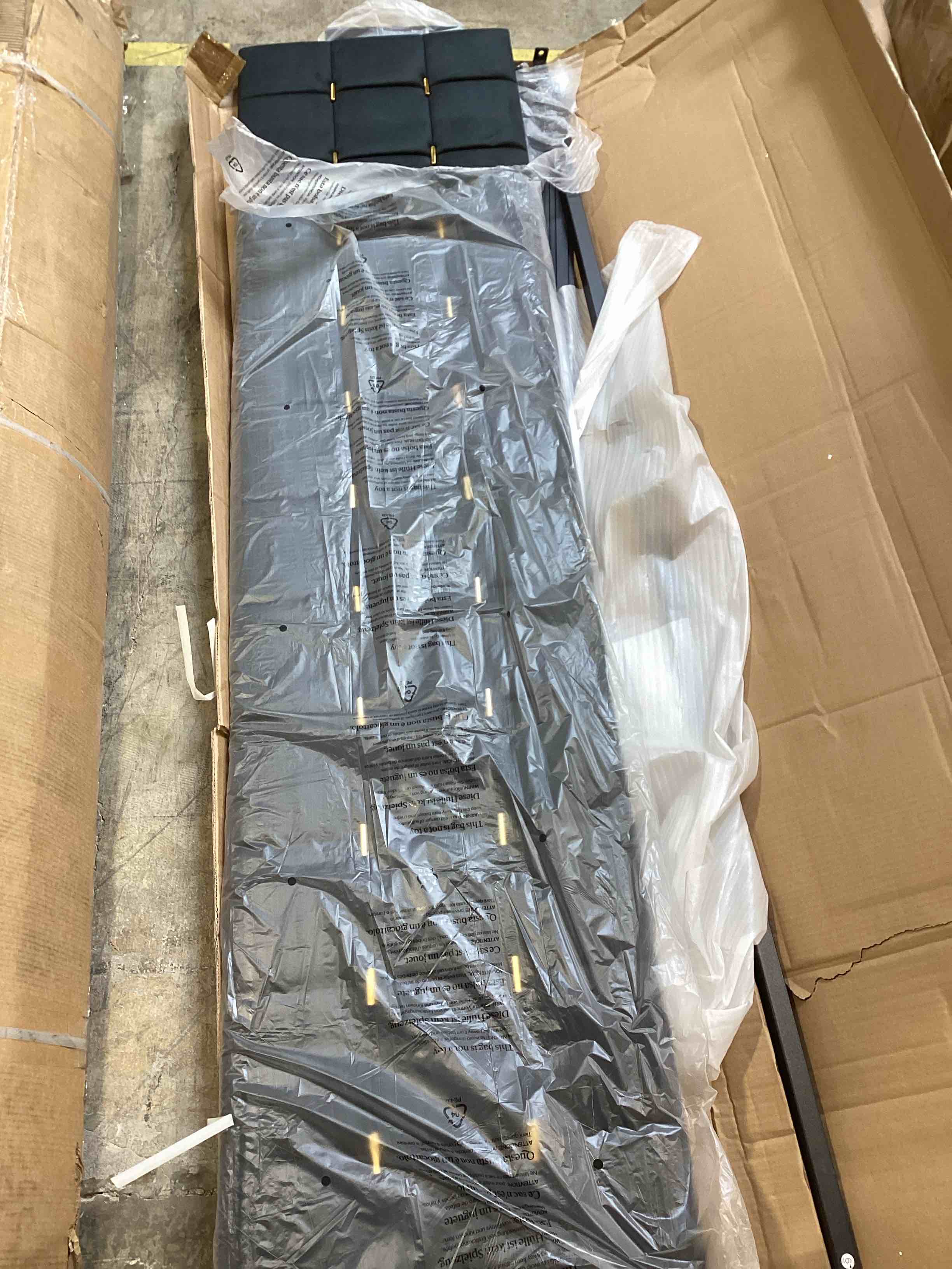 Condition photo showing Good Condition for SHA CERLIN Queen Bed Frame with Charging Station and LED Lights, Modern Velvet Platform Bed with Upholstered Geometric Wingback Headboard, No Box Spring Needed, Easy Assembly, Black