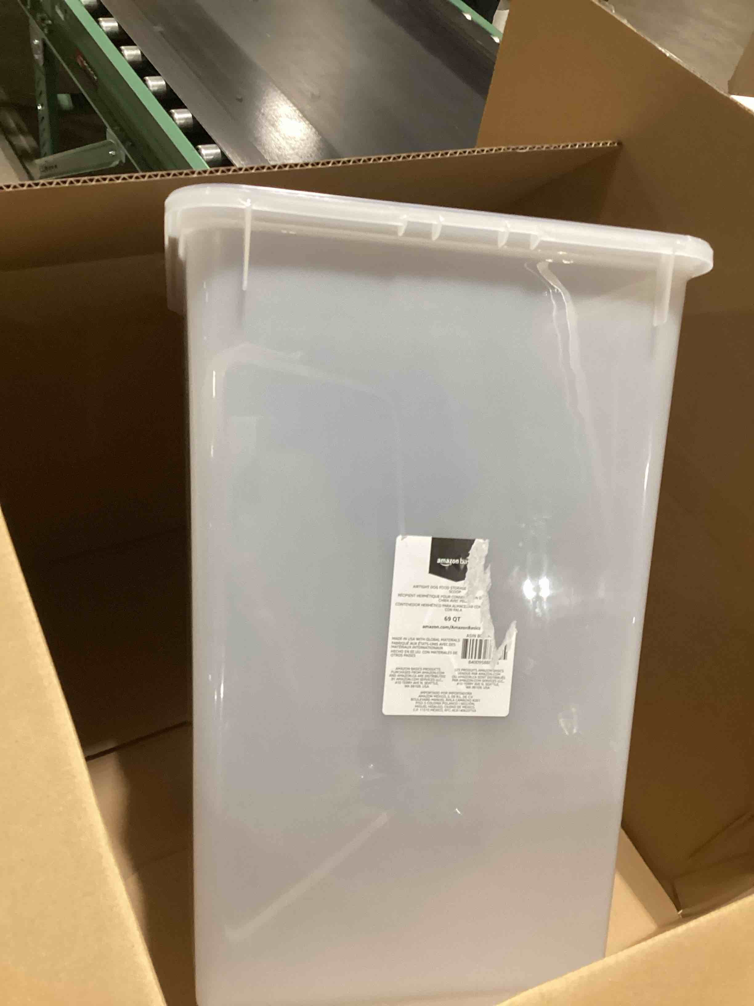 amazon basics airtight dog food storage container with scoop and wheels, 69 qt, gray