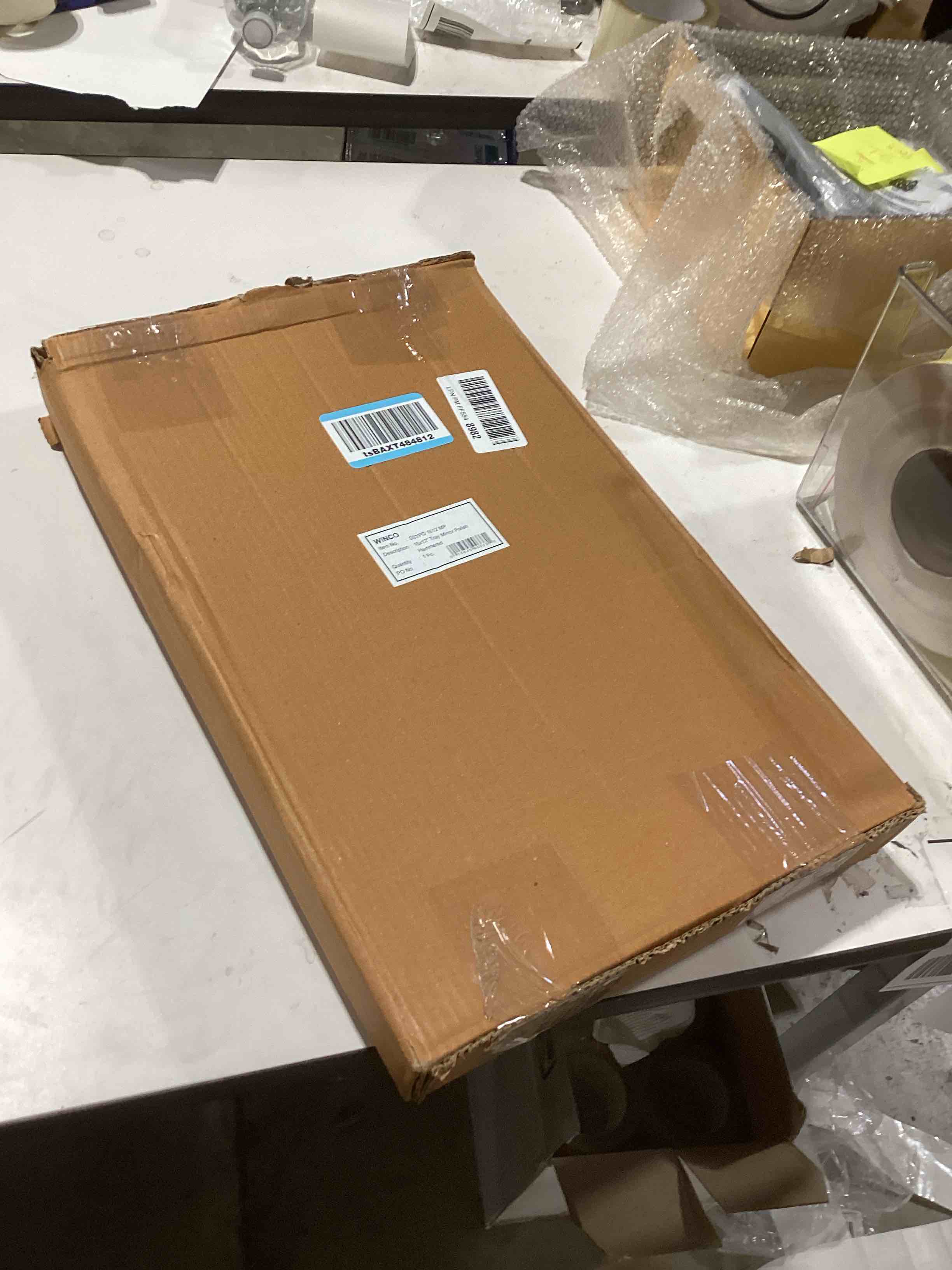 Condition photo showing As Is for G.E.T. SSTPD-1612-MP Heavy-Duty Metal Serving/Ottoman Tray with Handles, 16" x 12", Mirror Polished Steel 16" x 12" x 0.5" Mirror Polished Steel