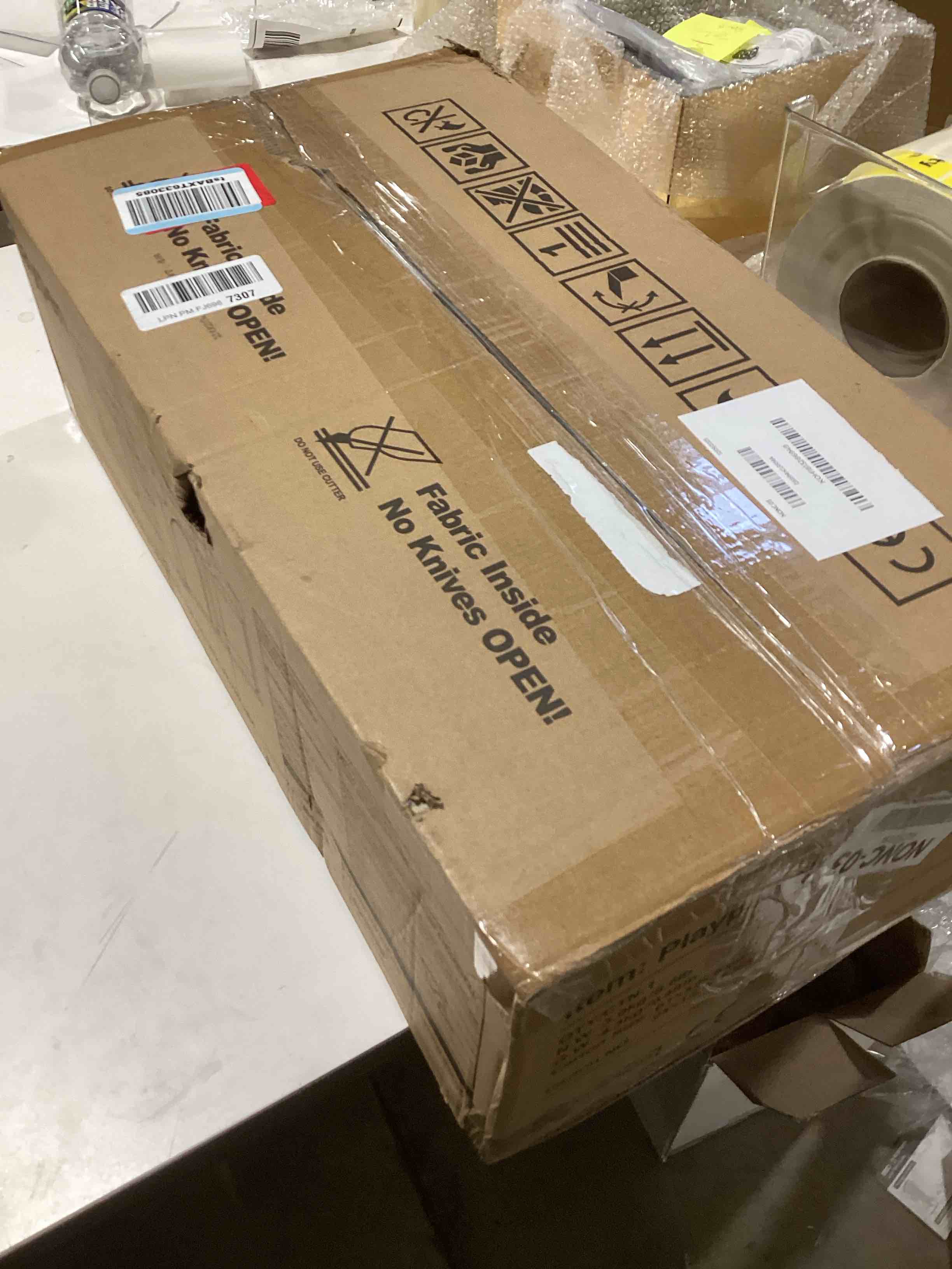 Condition photo showing As Is for ZEEBABA Baby Playpen with Mat, 47x47inch Playpen for Babies and Toddlers, Small Baby Play Pens, Play Yard for Infants with 47" Play Mat, Playard with Gate grey +mat 47*47 in