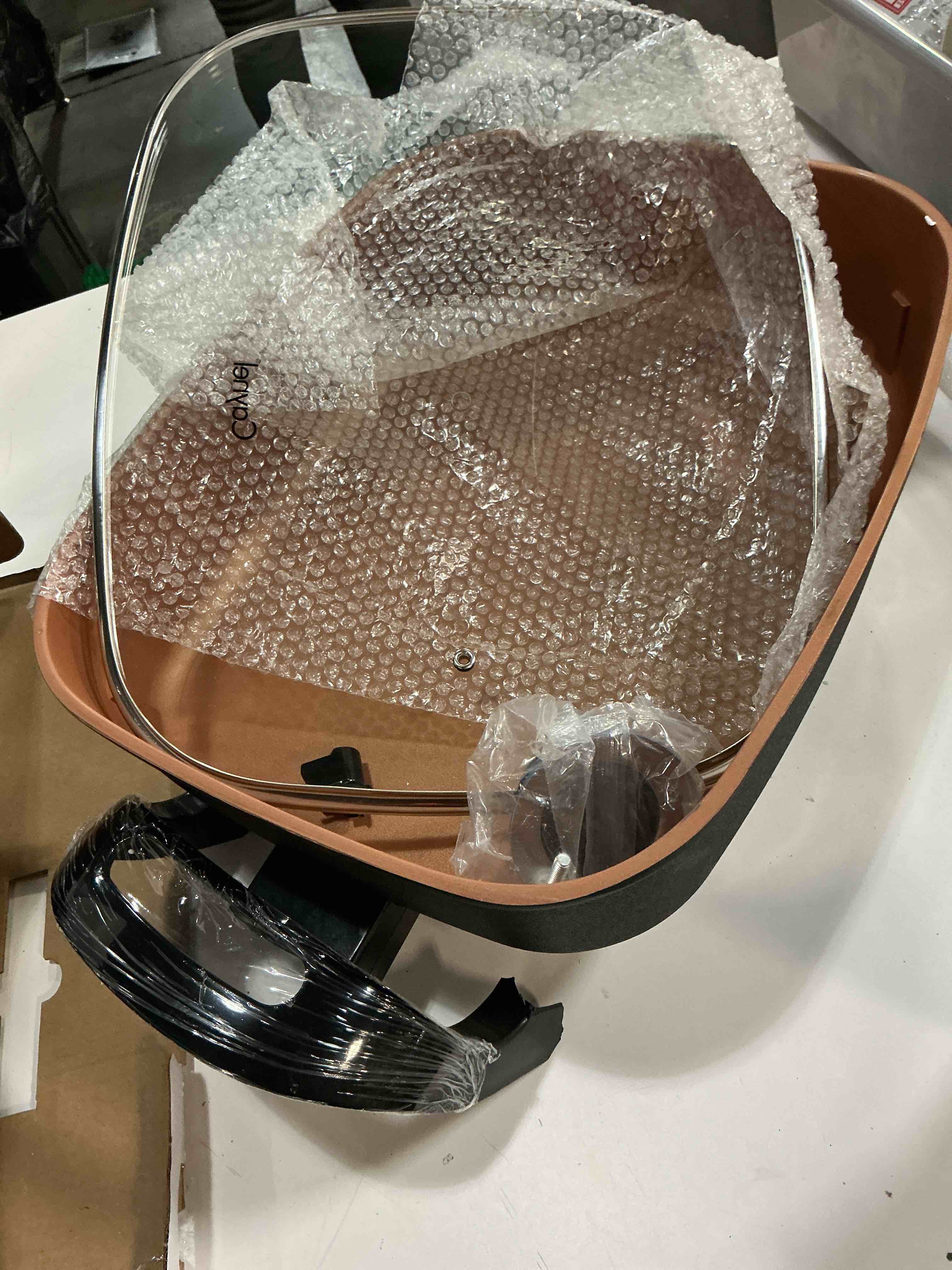 Condition photo showing As Is for Caynel Professional Non-stick Copper Electric Skillet Jumbo, Deep Dish with Tempered Glass Vented Lid, Upgrade Thermostat, 16”x 12”x 3.15”- 8 quart 16*12 Copper