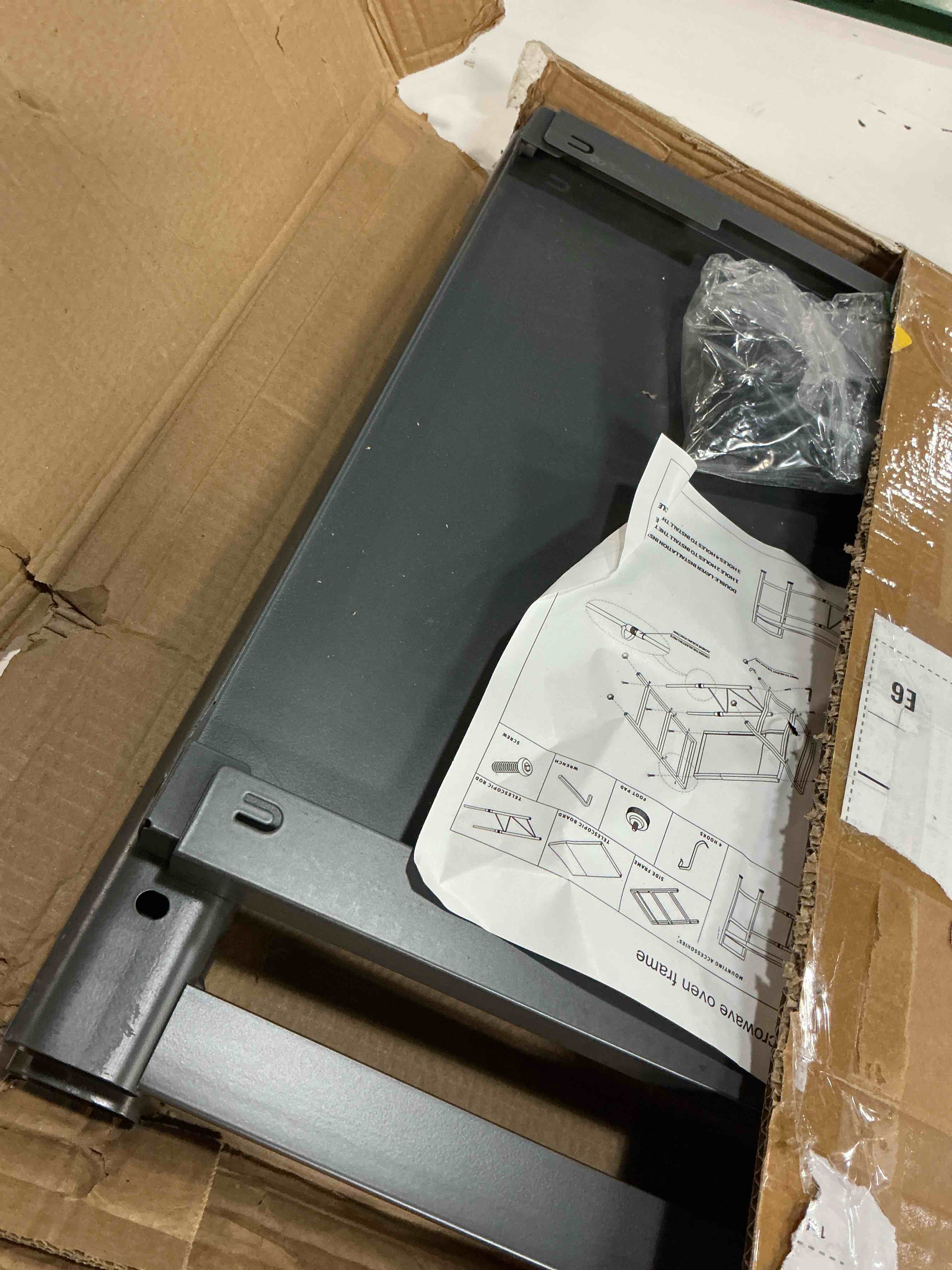 Condition photo showing As Is for Expandable Microwave Oven Rack, Double Layer Carbon Steel Adjustable Microwave Shelf, Toaster Rack Heavy Duty Stand Kitchen Countertop Organizer, 55 lb Load Bearing, 2 Tier with 6 Hooks (Grey) Grey A