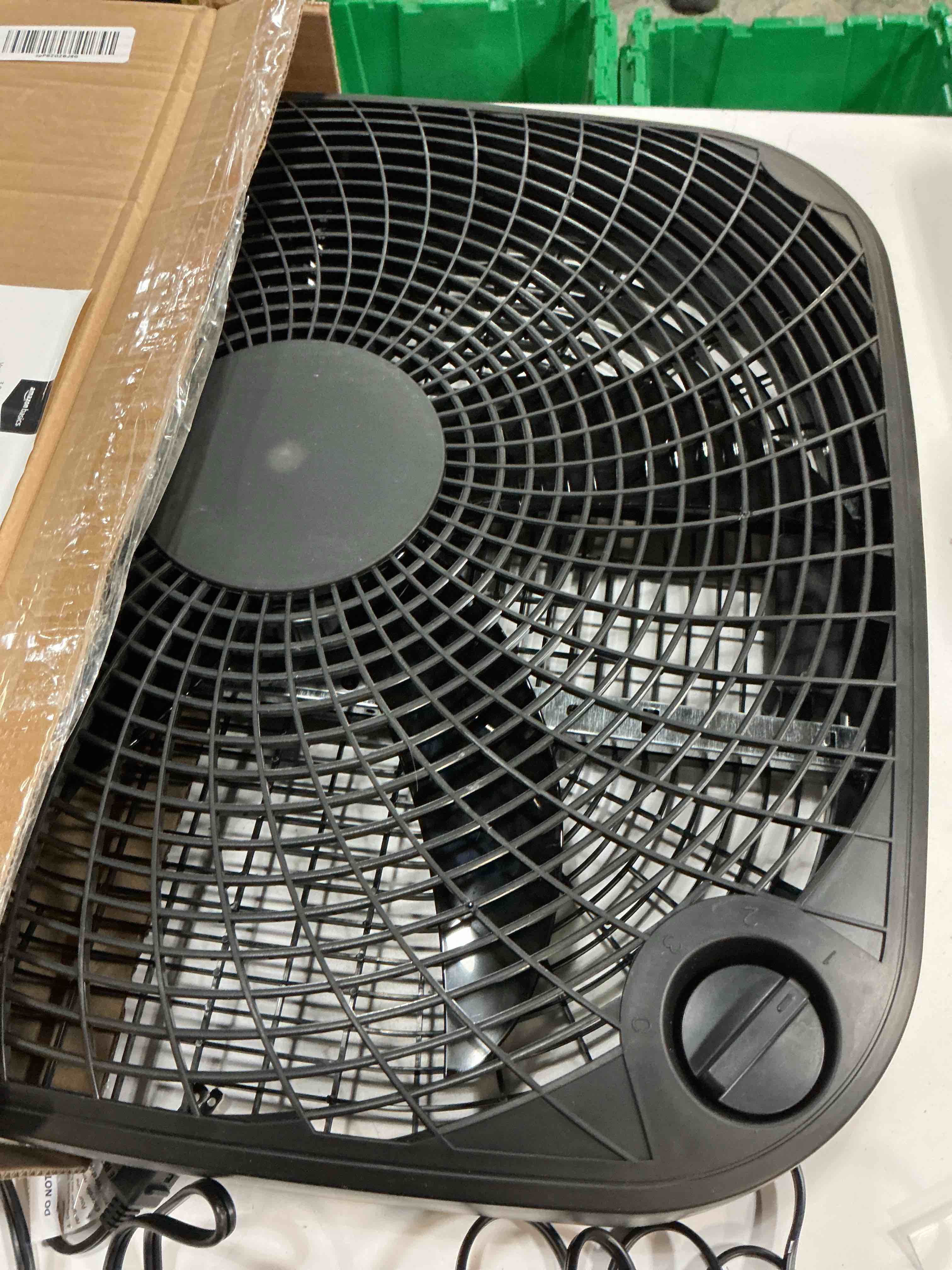 Condition photo showing As Is for Amazon Basics 3 Speed Box Fan, Indoor Electric Fan for Home Cooling, 5 Blades, Lightweight Design, 67 Watts, 20-Inch, Black, 6.8"D x 20.86"W x 21.33"H