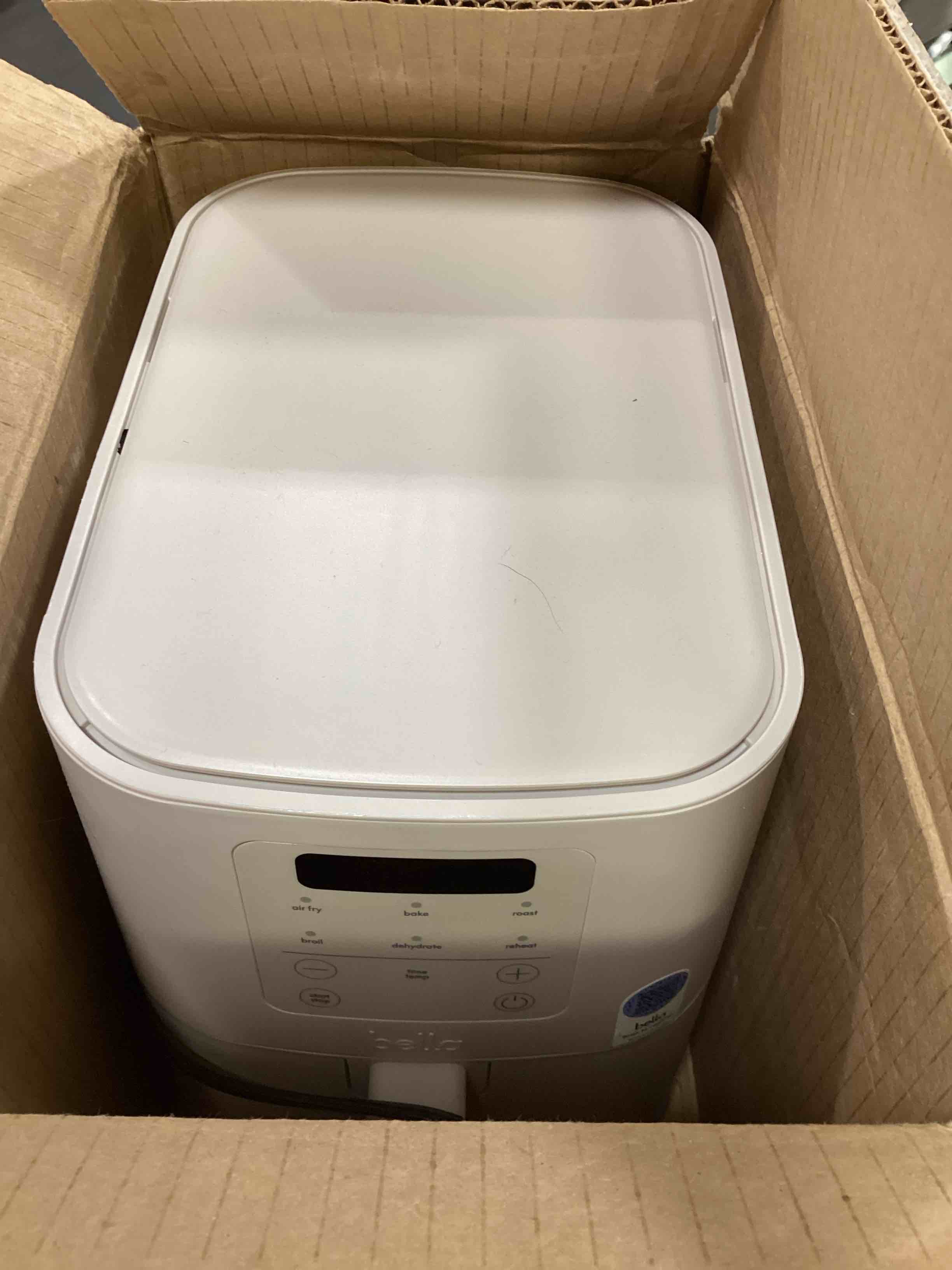 Condition photo showing As Is for bella 4Qt Slim Air Fryer, Fits-anywhere™ Kitchenware, EverGood™ Ceramic Nonstick Coating, Adjustable Temperature, 6 Preset Cooking Options, 60 Min Auto Shutoff w Audible Tone, 3.3lb Capacity, Oatmilk 4 QT Oatmilk