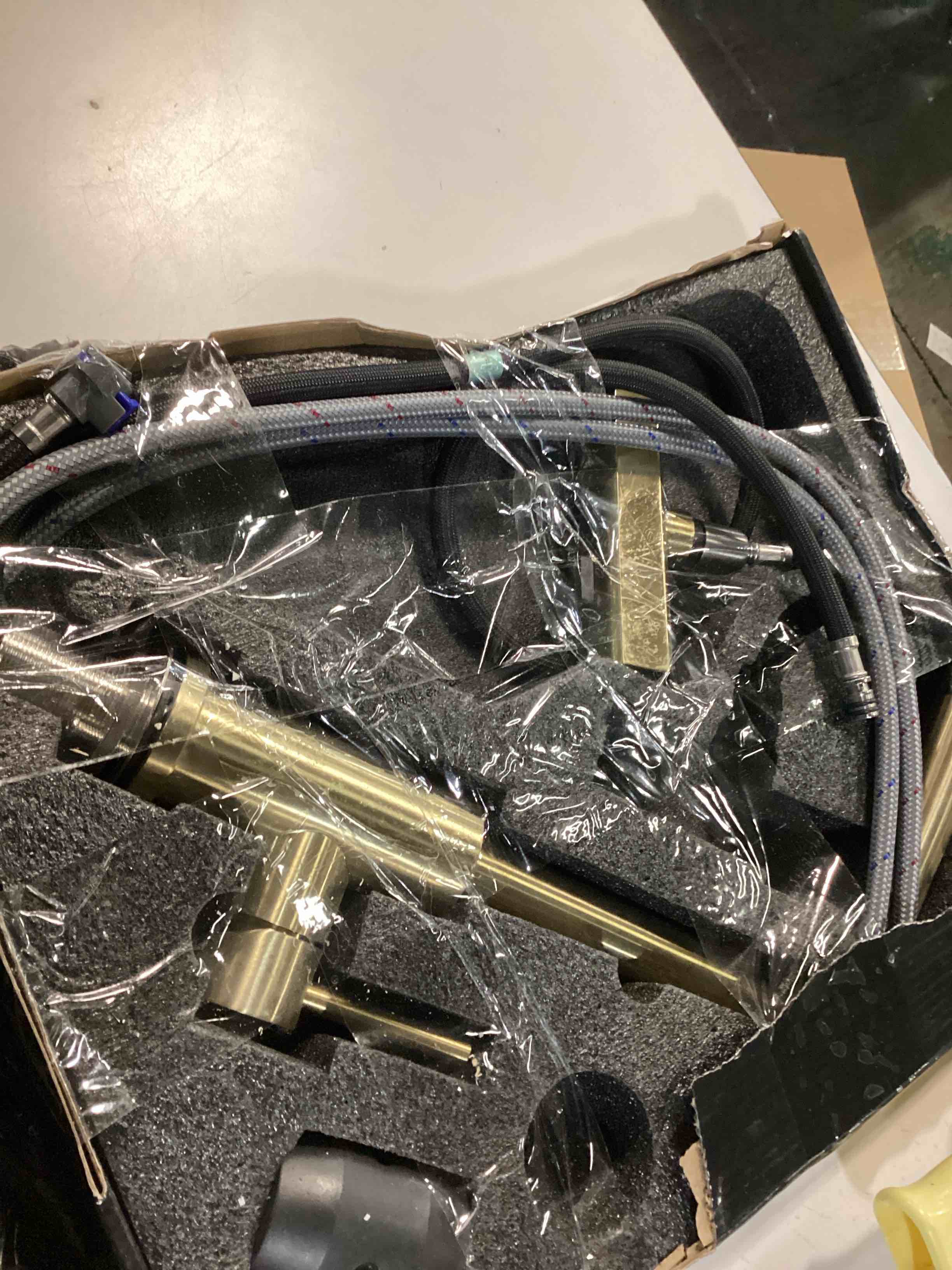 Condition photo showing As Is for Gold Kitchen Faucets with Pull Down Sprayer,Waterfall Kitchen Sink Faucet,Commercial Utility Stainless Steel Kitchen Faucets,Single Handle Kitchen Sink Faucet with Pull Down Sprayer for 3 Function Matte Gold Waterfall