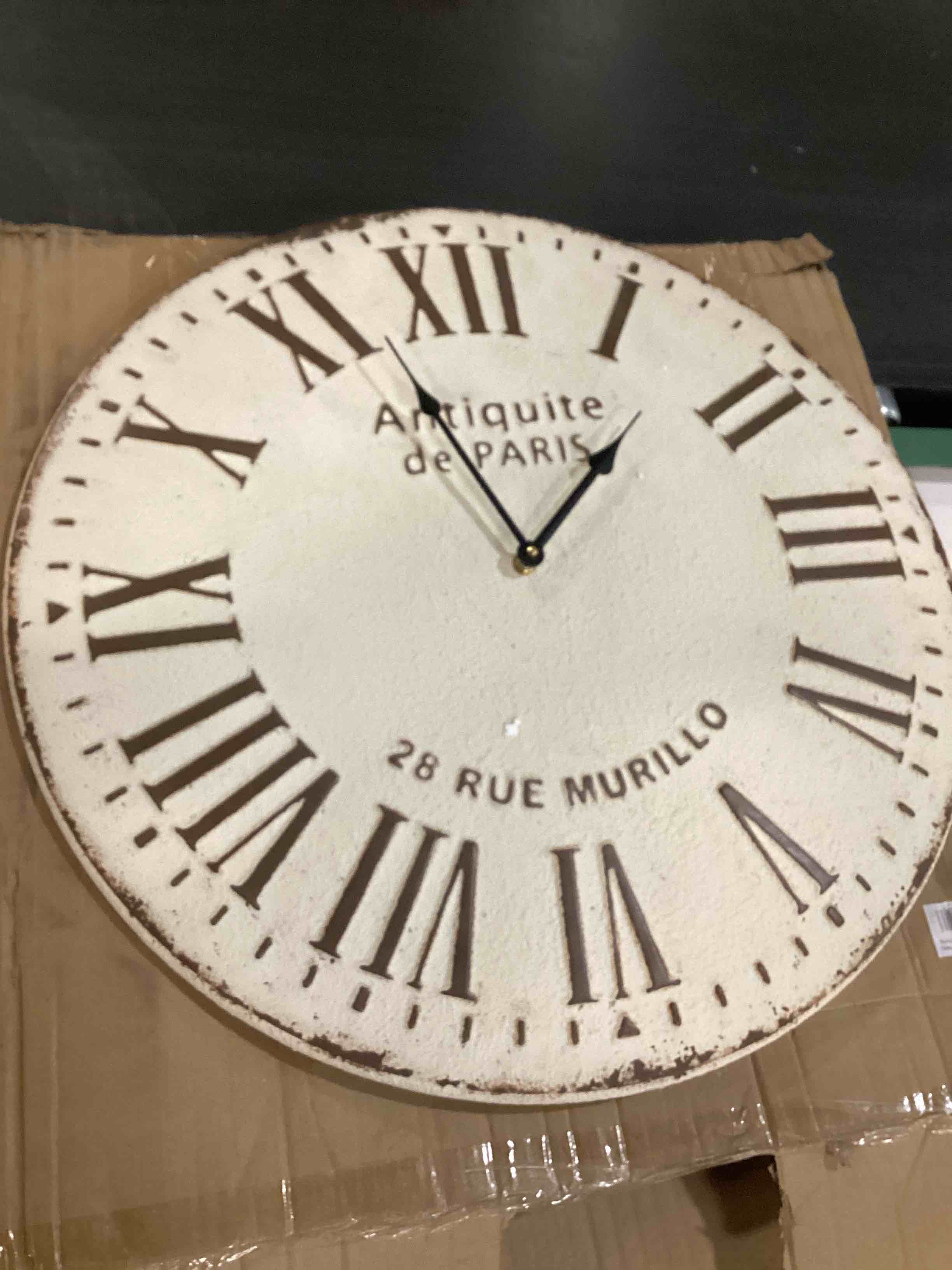 Condition photo showing Good Condition for 22 inch Wall Clock - Decorative Round Metal Clock for Living Room Decor, Battery Operated Silent Nonticking Quartz Analog Clock with Roman Numberals, Antiquite de Paris Face, French Style
