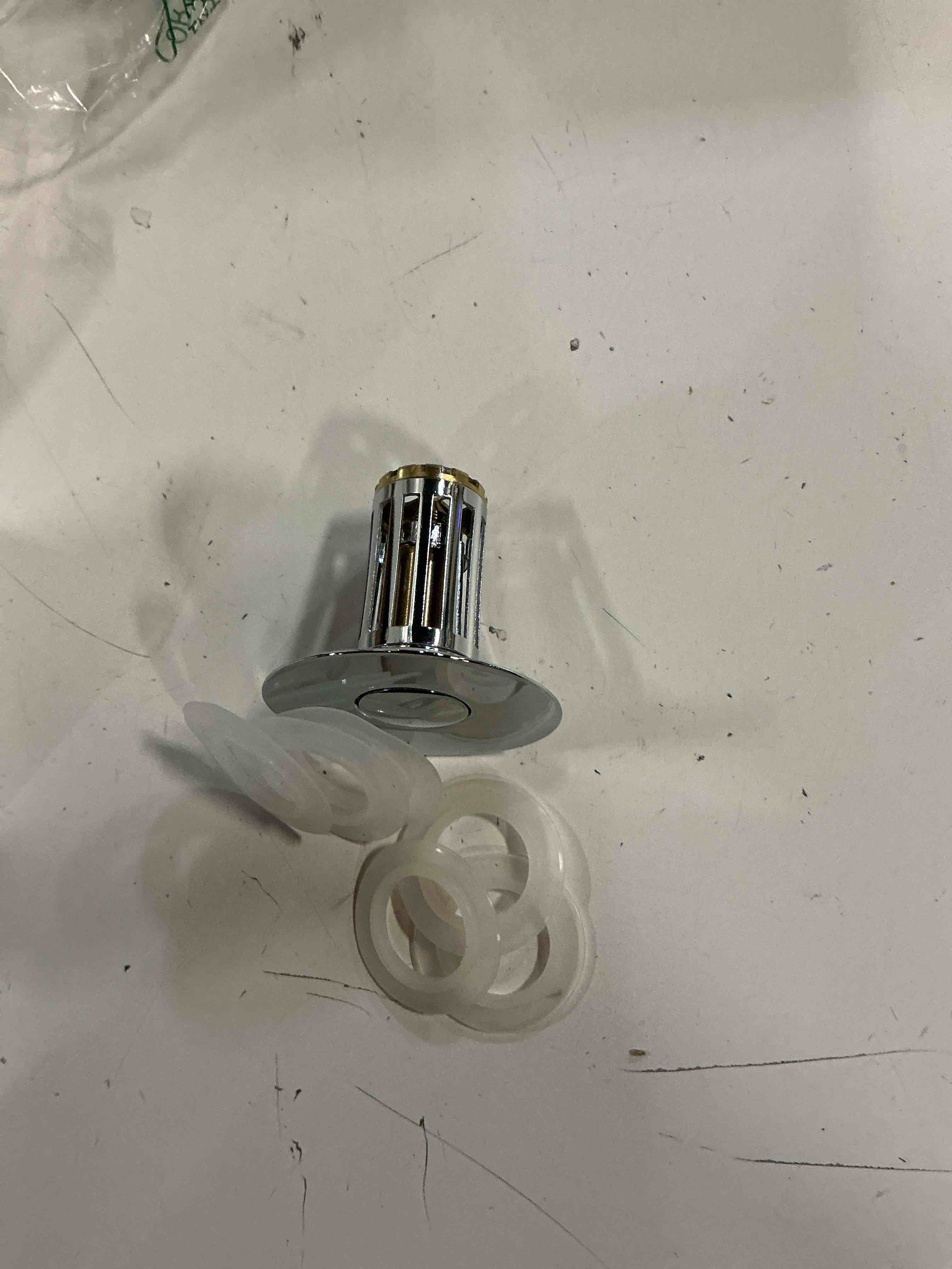 Condition photo showing Good Condition for ( incomplete) Bathroom Sink Drain Strainer, 2PCS 3 in 1 Pop Up Bathroom Sink Stopper with Removable Brass Basket Hair Catcher, Universal Sink Plug for 1.06 to 1.6in Drain Hole, Chrome Silver Silver Bathroom Sink Stopper Hair Catcher
