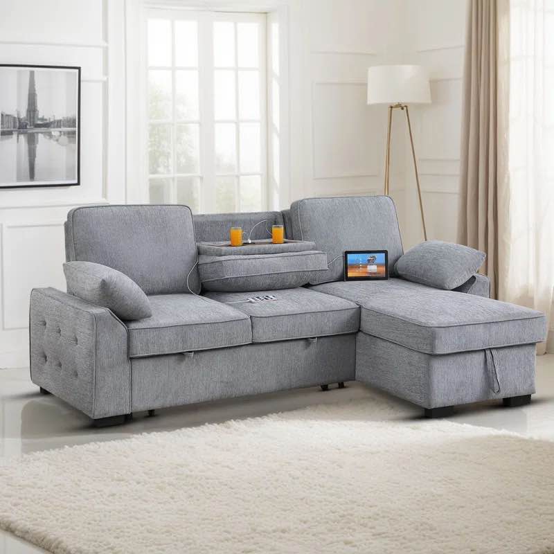((incomplete Box 2/3 only arms))Latitude Run 91.5 " Modern Shariff Reversible Chenille Upholstered Sleeper Sectional Sofa with Storage Chaise Body Fabric: Light Gray Chenille