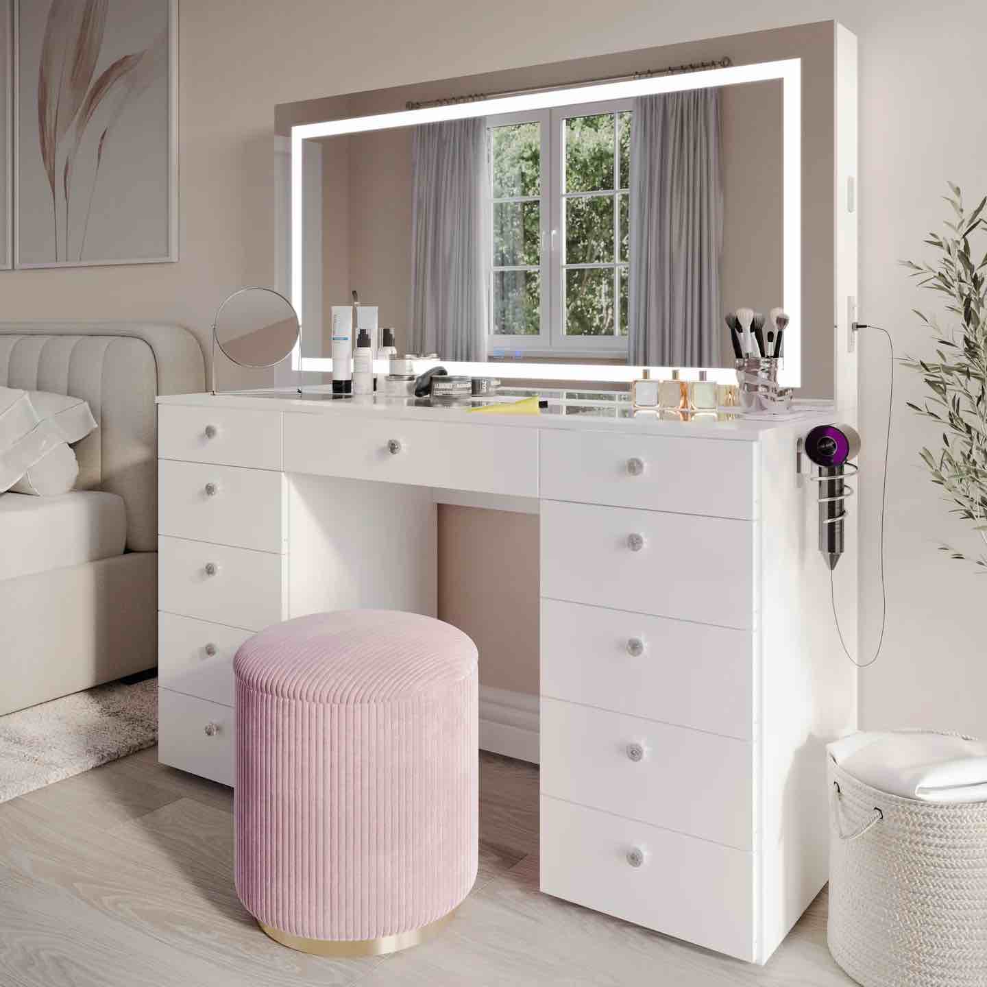 ( Incomplete, Box 2/3 ) Lydia Extra-Large Makeup Vanity With Bluetooth Speakers And LED Mirror
