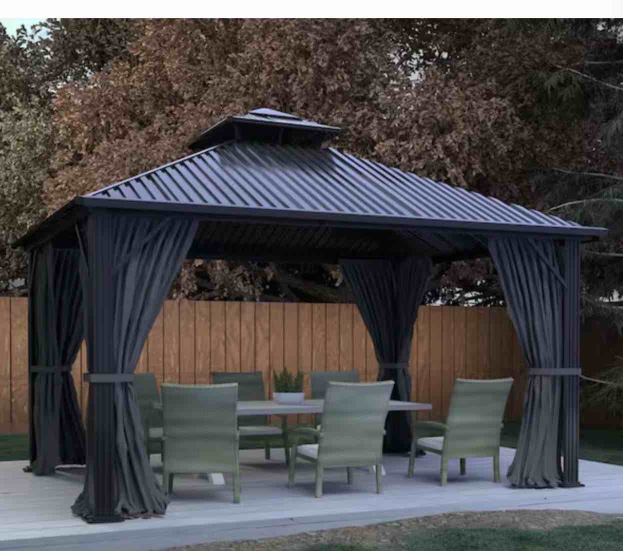( Incomplete, Box 1/ 3 ) 10 ft. W x 10 ft. D Hardtop Gazebo Aluminum Double Roof Metal Gazebo with Curtain and Netting 10 ft. W x 10 ft. D Hardtop Gazebo Aluminum Double Roof Metal Gazebo with Curtain and Netting