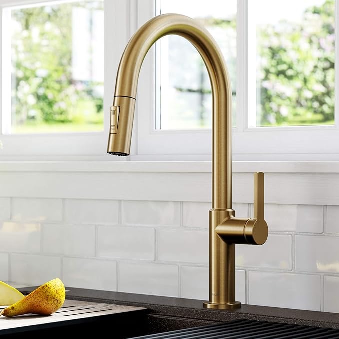 KRAUS Oletto High-Arc Single Handle Pull-Down Kitchen Sink Faucets in Spot Free Antique Champagne Bronze, Kitchen Faucets with Pull Down Sprayer, KPF-2821SFACB