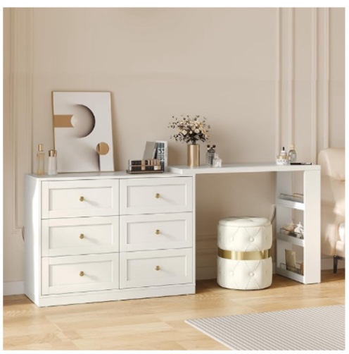 (similar)(incomplete) RoyalCraft Vanity Desk and Dresser Combo, 76" L Extendable Big Makeup Vainty with 6 Drawer Dresser and 3 Side Shelves, Wood Corner Vanity for Bedroom, Dressing Table for Women Girlfriend, White