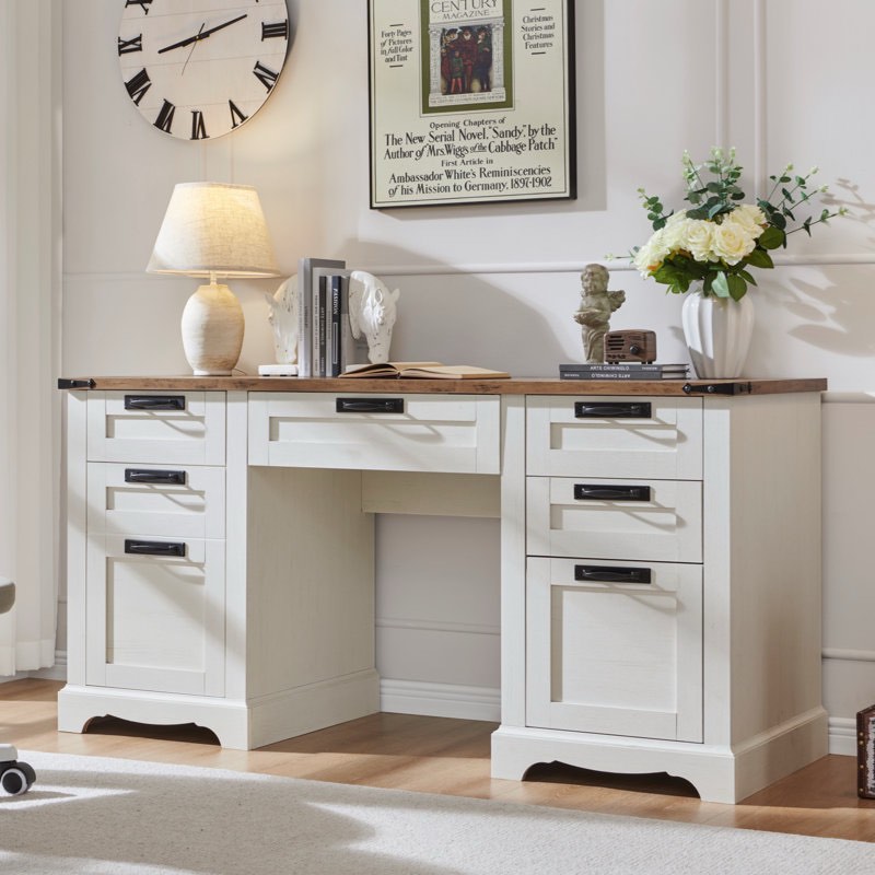 (incomplete) Deserey 60" Farmhouse Executive Desk With Drawers,Wood Home Office Desk With Charging Station