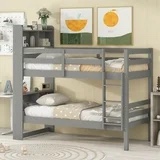 (Box 2 of 2) Twin over Twin Bunk Beds, Solid Wood Bunk Bed Frame with Bookcase Headboard and Safety Rail and Ladder, Guest Room Furniture, Can Be Converted into 2 Beds, for children, living rooms-Gray