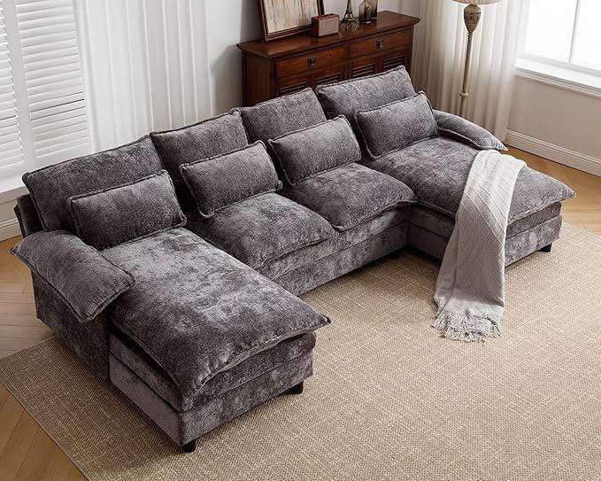 ( incomplete box 2 of 3 ) U Shape Cloud Couch, 4 Seats Comfy Sectional Sofa Couches for Living Room, Modular Chenille Sofas with Double Reversible Chaise for Spacious Space Apartment, Grey