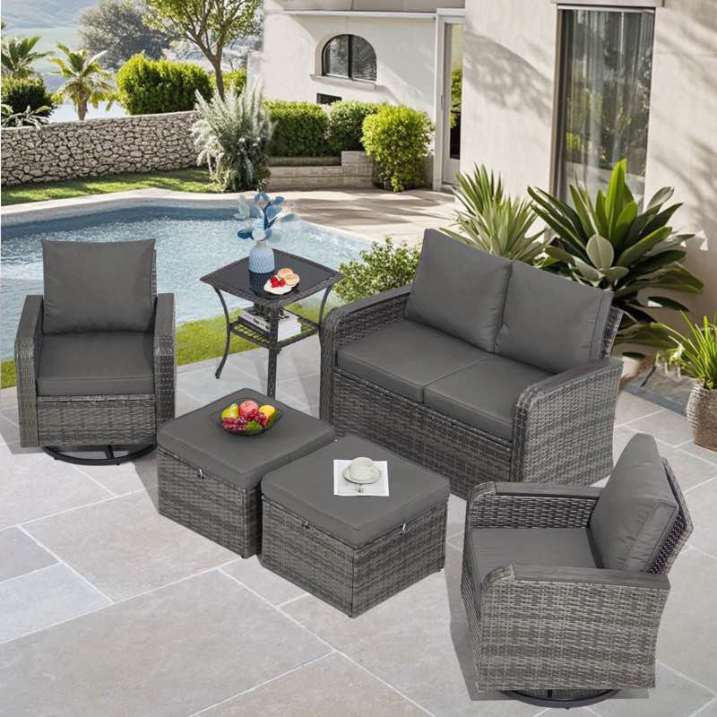 (incomplete) (box 2 of 3) 6 Pieces Outdoor Furniture Set With Swivel Chairs, Wicker Patio Furniture For Porch Deck Bistro Lawn Garden Backyard Poolside