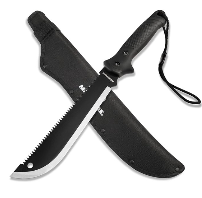 mossy oak machete with saw, 19" sharp machete with sheath, ergonomic no-slip handle, machetes for bushcraft, outdoor hunting, garden cutting trees and yard work