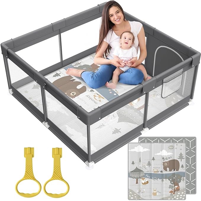 fodoss baby playpen with mat, small play pen(47x47inch), for babies and toddlers, pen apartment, yard baby, fence area playyard activity center (dark gray)
