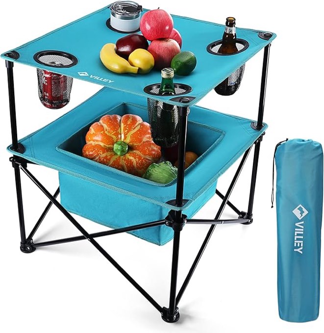 villey portable camping picnic table, lightweight folding beach table with 4 cup holders and carry bag for camp, travel, fishing, and outdoor activities