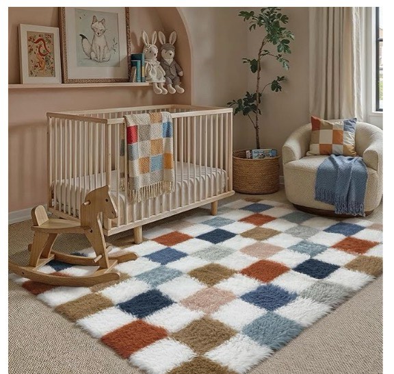 checkered rug 4x6 for living room, modern rainbow shag rug super soft washable fluffy rugs indoor fuzzy carpet for bedroom home dorm aesthetic decor