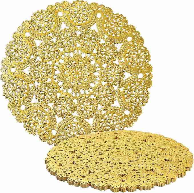 juvale 60 pack 10 inch gold paper doilies for dining table, round decorative medallion lace placemats for wedding