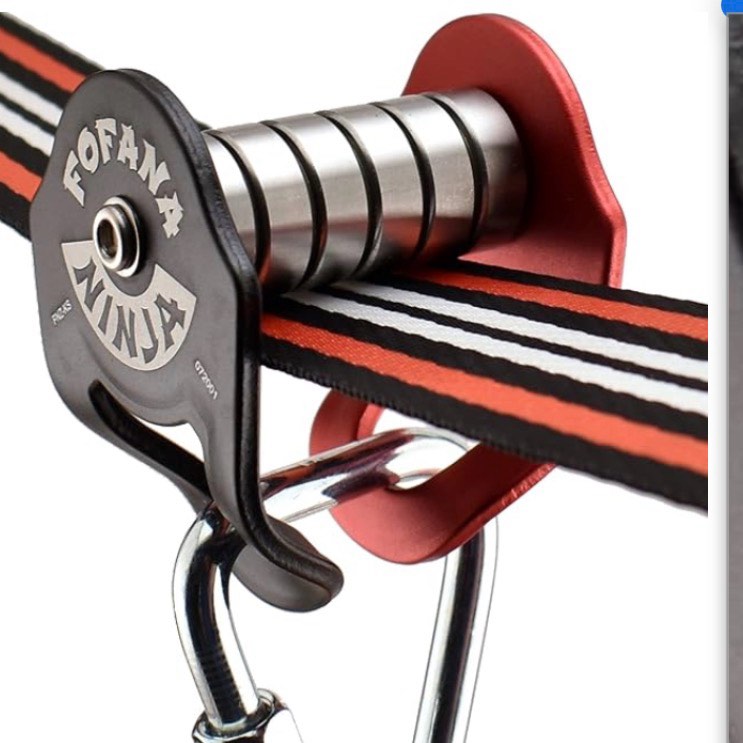 fofana ninja slider slackline pulley - red, stainless steel - transforms slackline into zip string - quick 2-min setup for backyard obstacle course - 250 lb capacity for kids outdoor play equipment