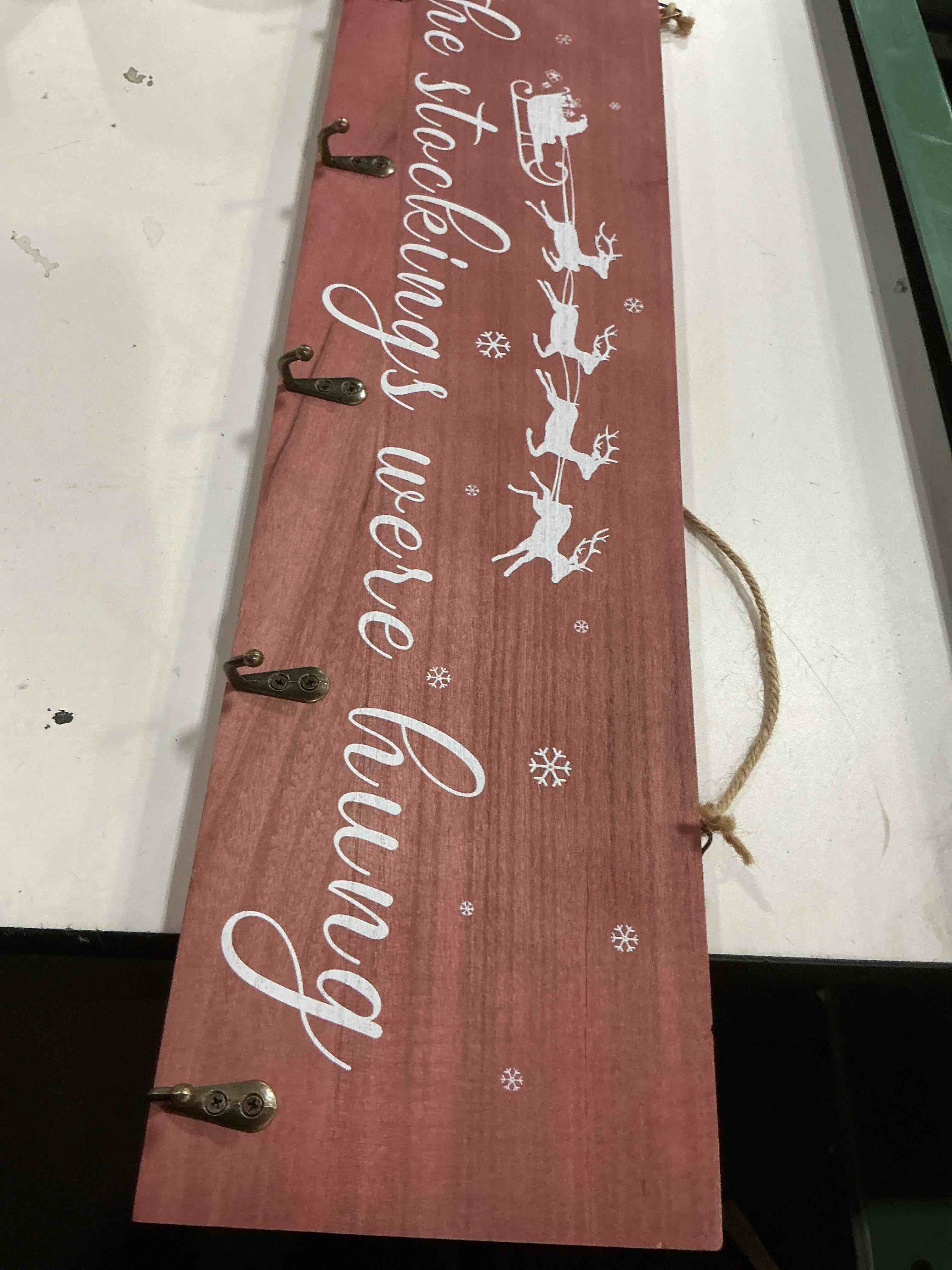 Condition photo showing Good Condition for Christmas Stocking Holder, The Stocking were Hung Wood Hanging Sign, Stocking Holder for Wall, Xmas Stocking Holder with 6 Hangers for Fireplace Mantel, 24 inch,Red