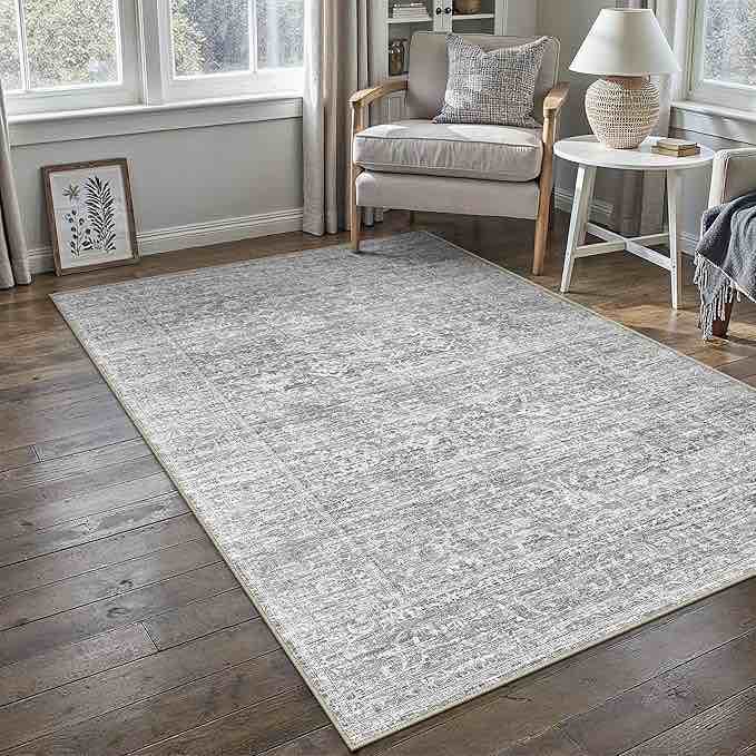 6x9 area rug brown machine washable living room bedroom vintage distressed non slip carpet indoor large low plie thin dining room office retro accent throw rug