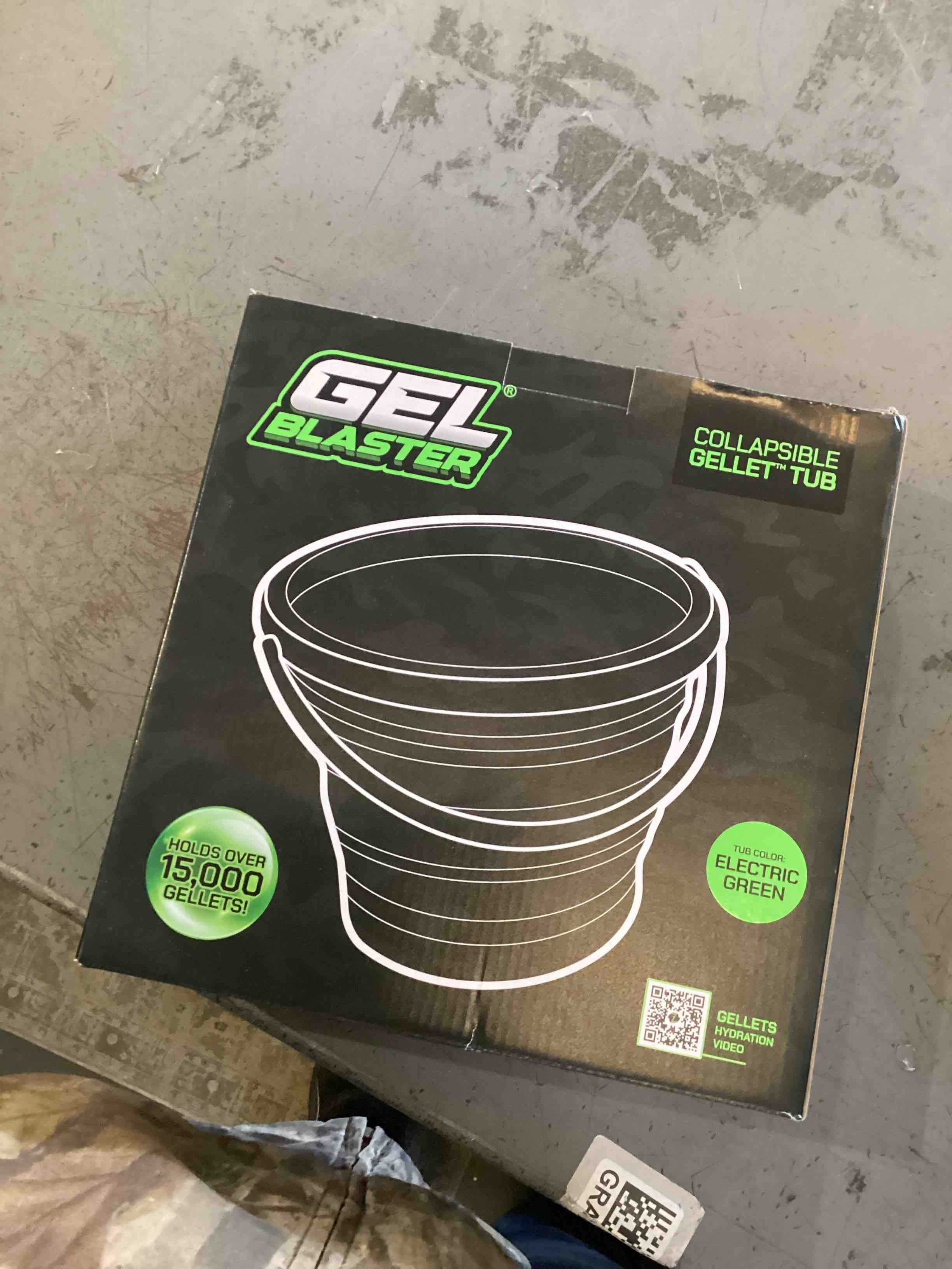 Condition photo showing As Is for Gel Blaster Collapsible Ammo Tub (1.5 Gallon Bucket - Holds 15,000+ Gellets) - Made for Gel Blaster Gellets, Includes Built-in Strainer, Space Saving Design, Handle for Portability, Electric Green