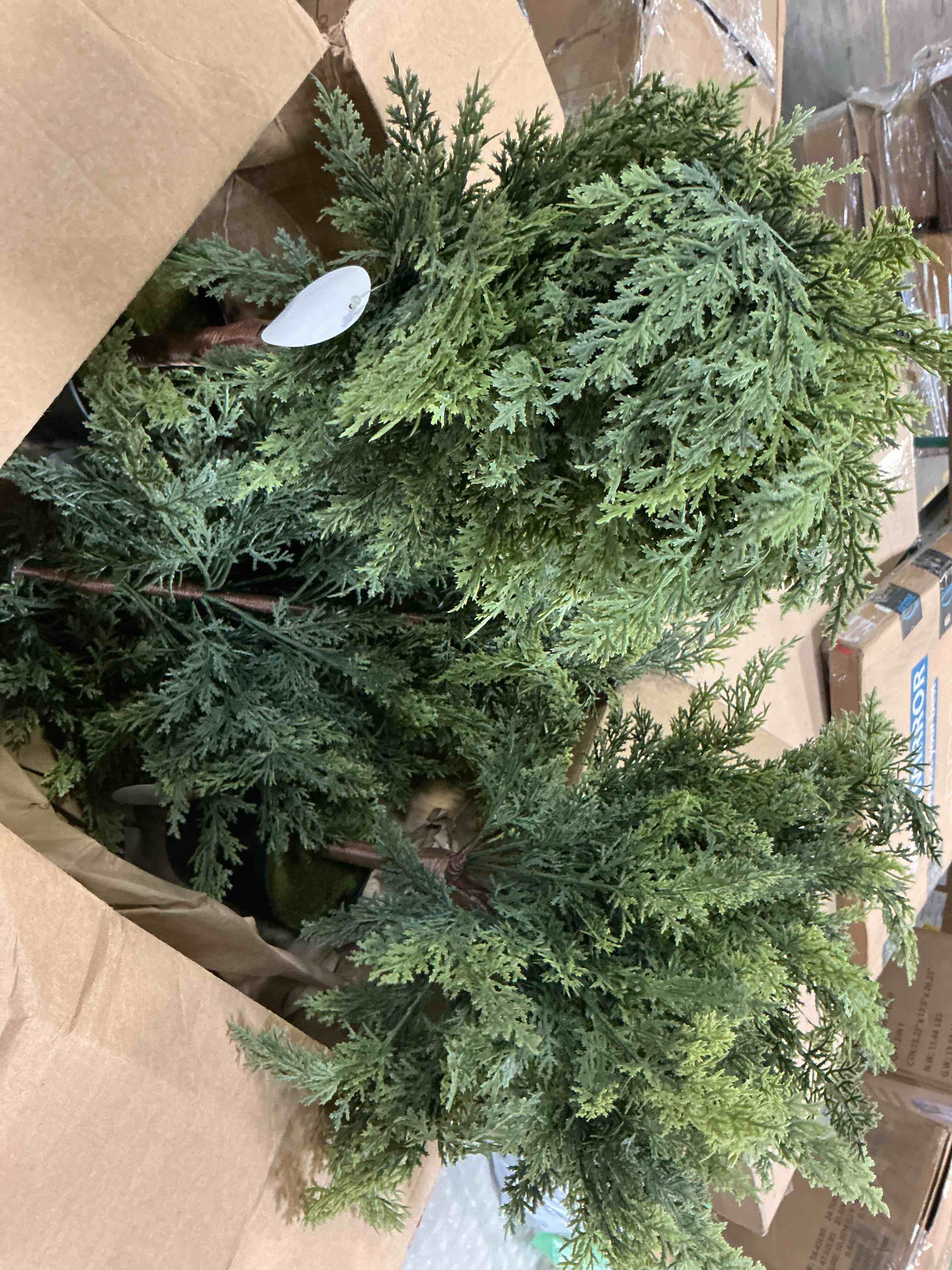 Condition photo showing As Is for Artificial Cedar Topiary Trees 4ft Fake Cypress Trees Faux Cedar Topiary Evergreen Potted Plants Silk Pine Cypress Tree for Outdoors Front Home Decor 2 Pack 4FT-2PACK