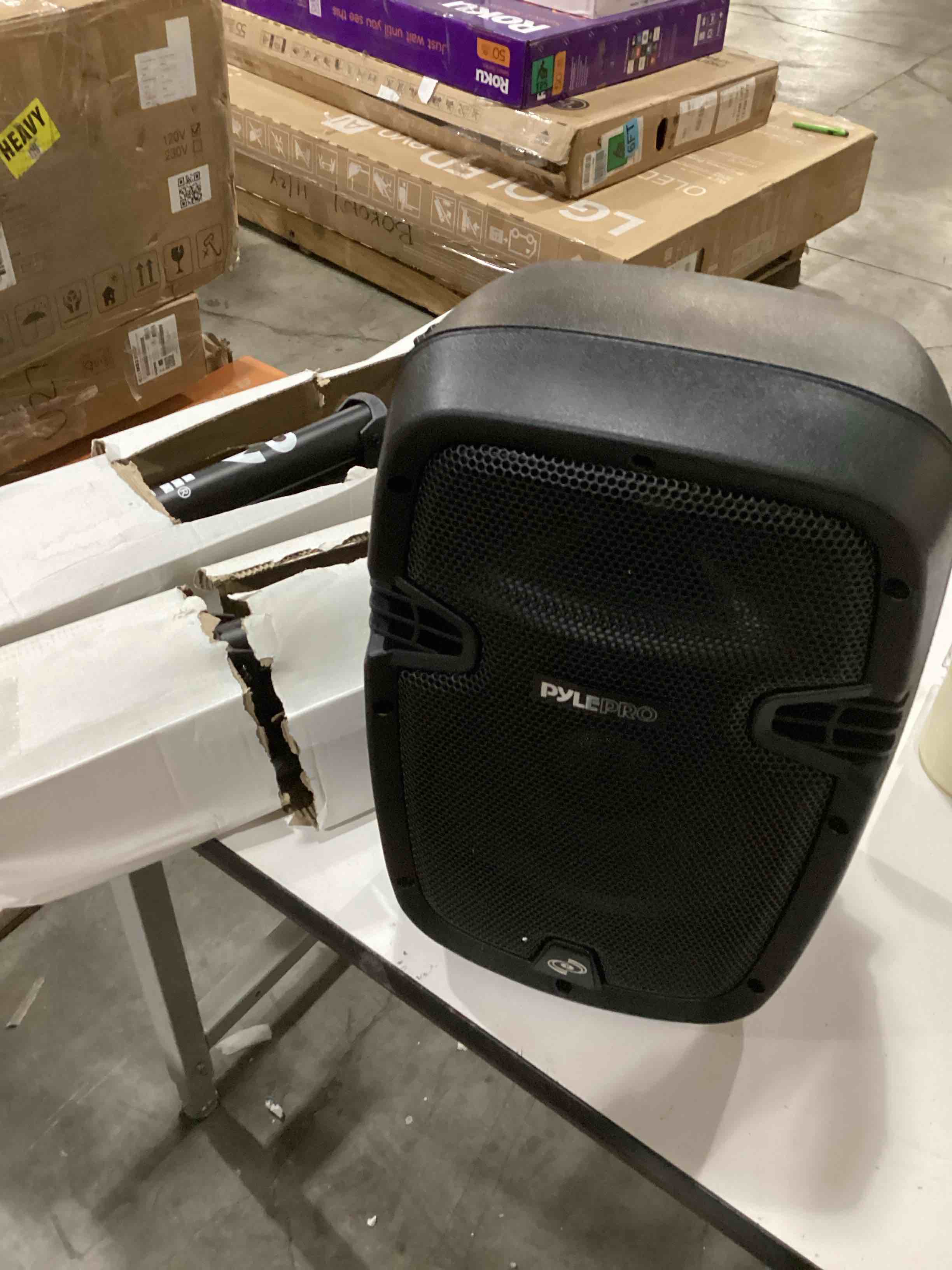 Condition photo showing As Is for ( incomplete) Pyle Powered Bluetooth PA Speaker Kit - Event Ready - Just Plug In and Play Active and Passive 350w Loudspeakers with Wired Microphone, Speaker Stands, Remote - MP3/USB/SD/AUX inputs - PPHP849KT 8 in
