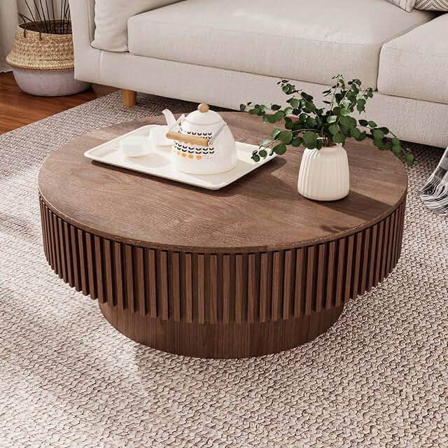 round coffee table with storage solid wood veneered for living room, bedroom