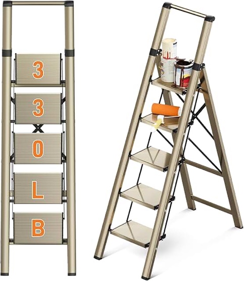 The 5 Step Ladder,Lightweight Folding Step Stool with Anti-Slip Pedal,600 lbs Ladder