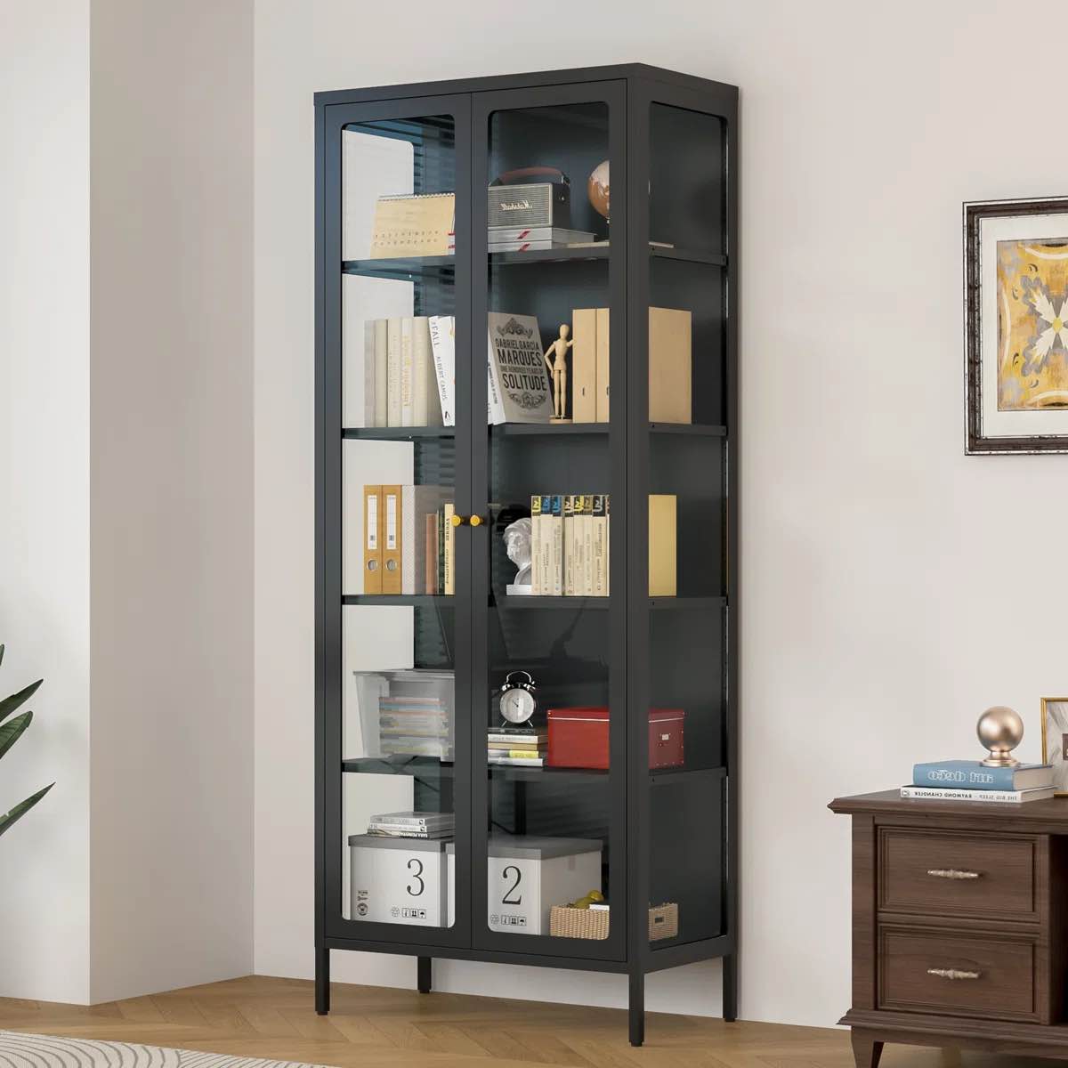 (incomplete) 67"H 3-Sided Glass Dining Cabinet with Lights, Metal Display Stand