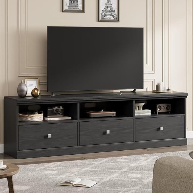 modern 3 drawer tv stand table 65 flat screen entertainment center in black particle board with acrylic open storage 