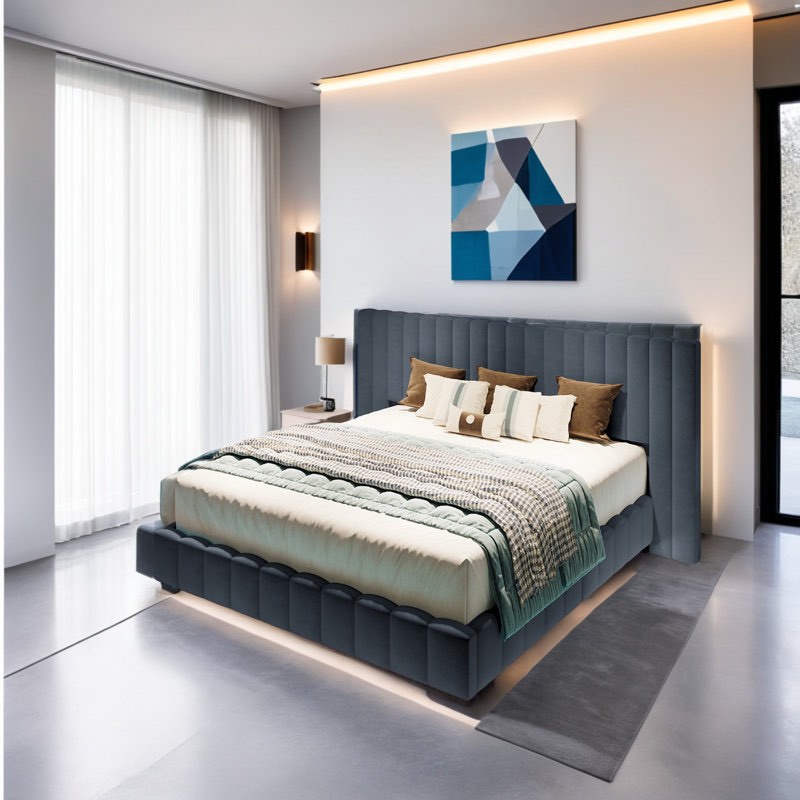 (incomplete) Upholstered Bed Frame | Oversized Headboard | Floating Design | RGB LED Lights | Modern Style