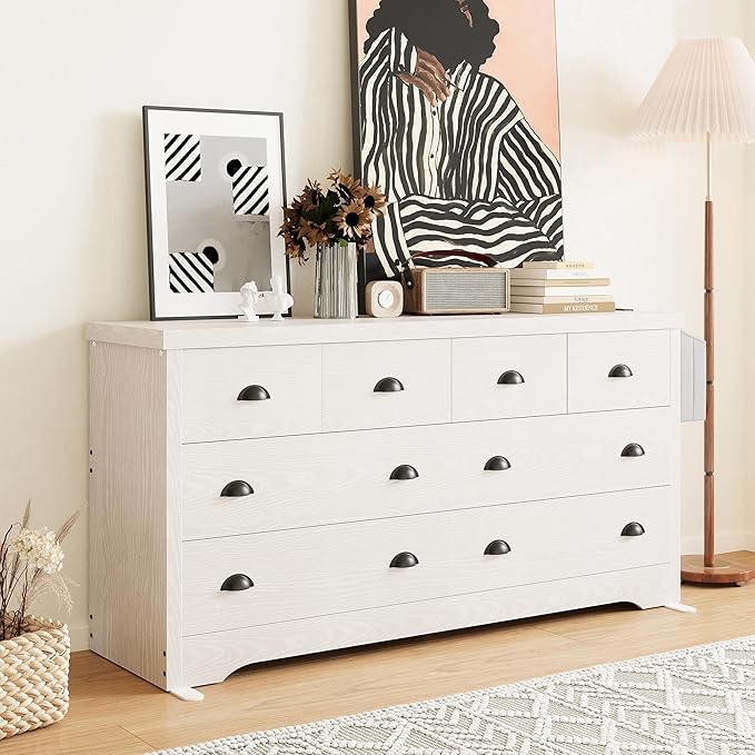 LIKIMIO Dresser 8 Drawer with Charging Station and Storage Bag, Stand Wood Storage Chest of Drawers for Bedroom Living Room Hallway Entryway, White