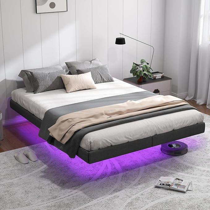 (incomplete) Floating Bed Frame with LED Lights Metal Slats Underbed Storage Space No Box Spring