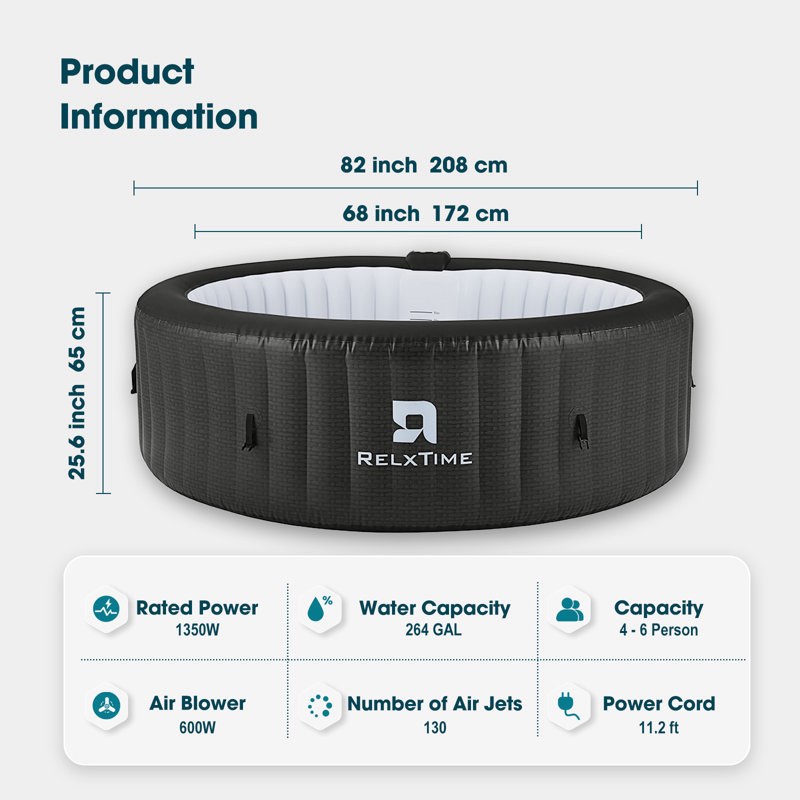 RELXTIME Inflatable Round Hot Tub, Portable Outdoor Spa, 4 To 6 Person Air Jet Heater Blowout Tub With 130 Bubble Jets And Built-in Heater Pump, Tub Cover, 2 Cartridges,Black