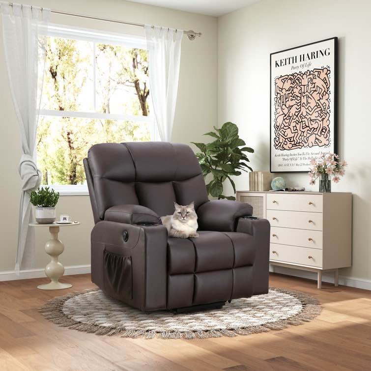 37.8" Wide Soft and Oversize Leather Power Lift Assist Massage Heat Recliner with USB & Dual Cupholders