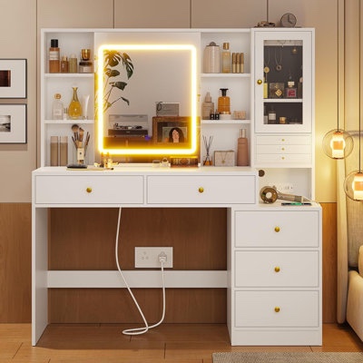 Makeup Vanity Set With Sliding Mirror And Lights