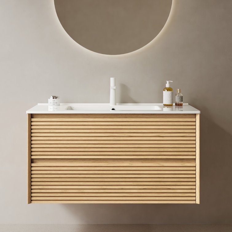 (incomplete)36" Nature Solid Wood Bathroom Vanity with Sink, Modern Wall-Mounted Floating Plywood Bathroom Cabinet, White Ceramic Basin, Pre-assembled, Natural Light Oak