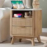 modern fluted nightstand with charging station, wood bedside table with 2 drawers, for bedroom or living room, natural oak