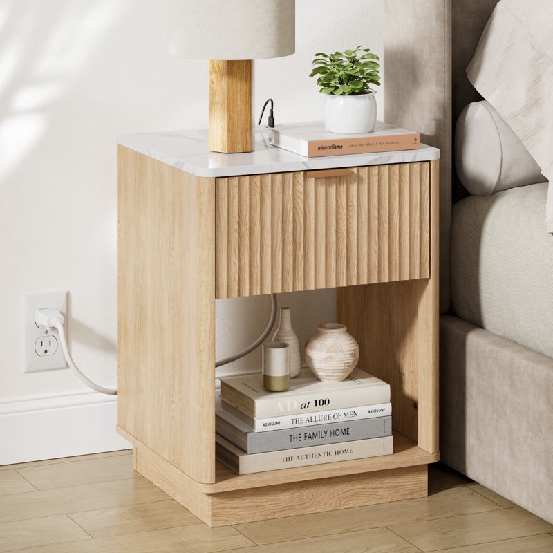 schaitman 18''w 1-drawer nightstand with open cubby, wood nightstand with built-in outlets