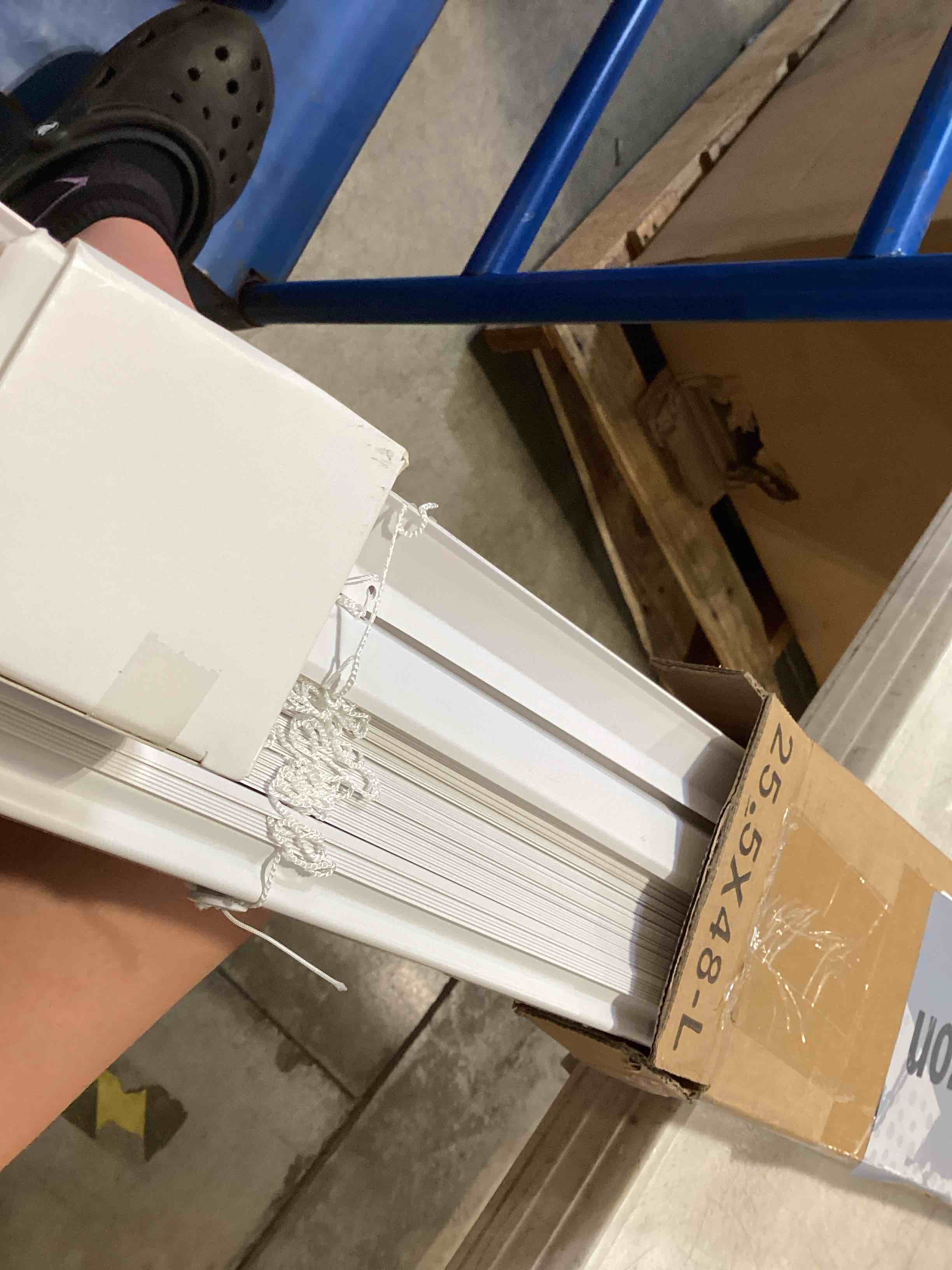 Condition photo showing Good Condition for cordless vinyl mini l blinds 27" w x 48" h, 1" slat white horizontal windows l blind for door, shades, camper, light filtering, interiors, arrive 1/2 inch narrower indoor 27"w x 48"h