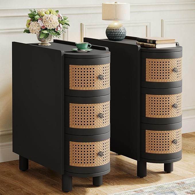 Solid Wood End Table with Rattan Drawers