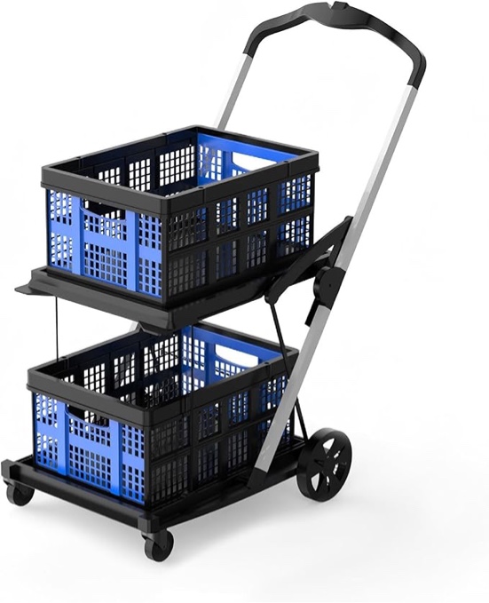 Folding Shopping Cart, 2 Tier Multi Use Mobile Folding Trolley Functional Collapsible Carts with Wheels and Removable Foldings Storage Crates, for Groceries, Picnic, Supermarket, Office (Double Layer)
