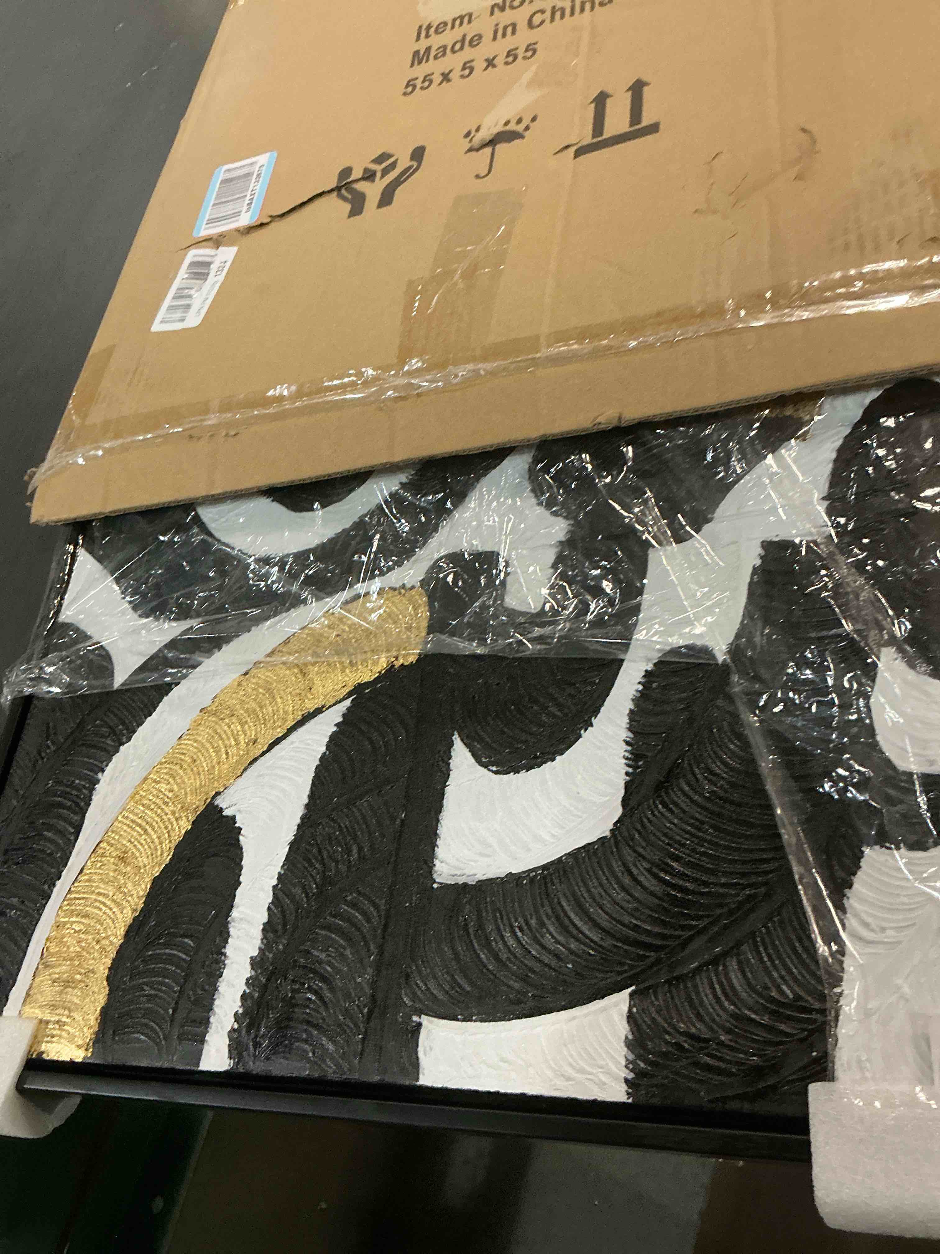 Condition photo showing Good Condition for Yihui Arts Hand Painted Abstract Black White Gold Foil Wall Art with Floating Frame, Modern Luxury Decor for Home & Office Black White Gold Art 