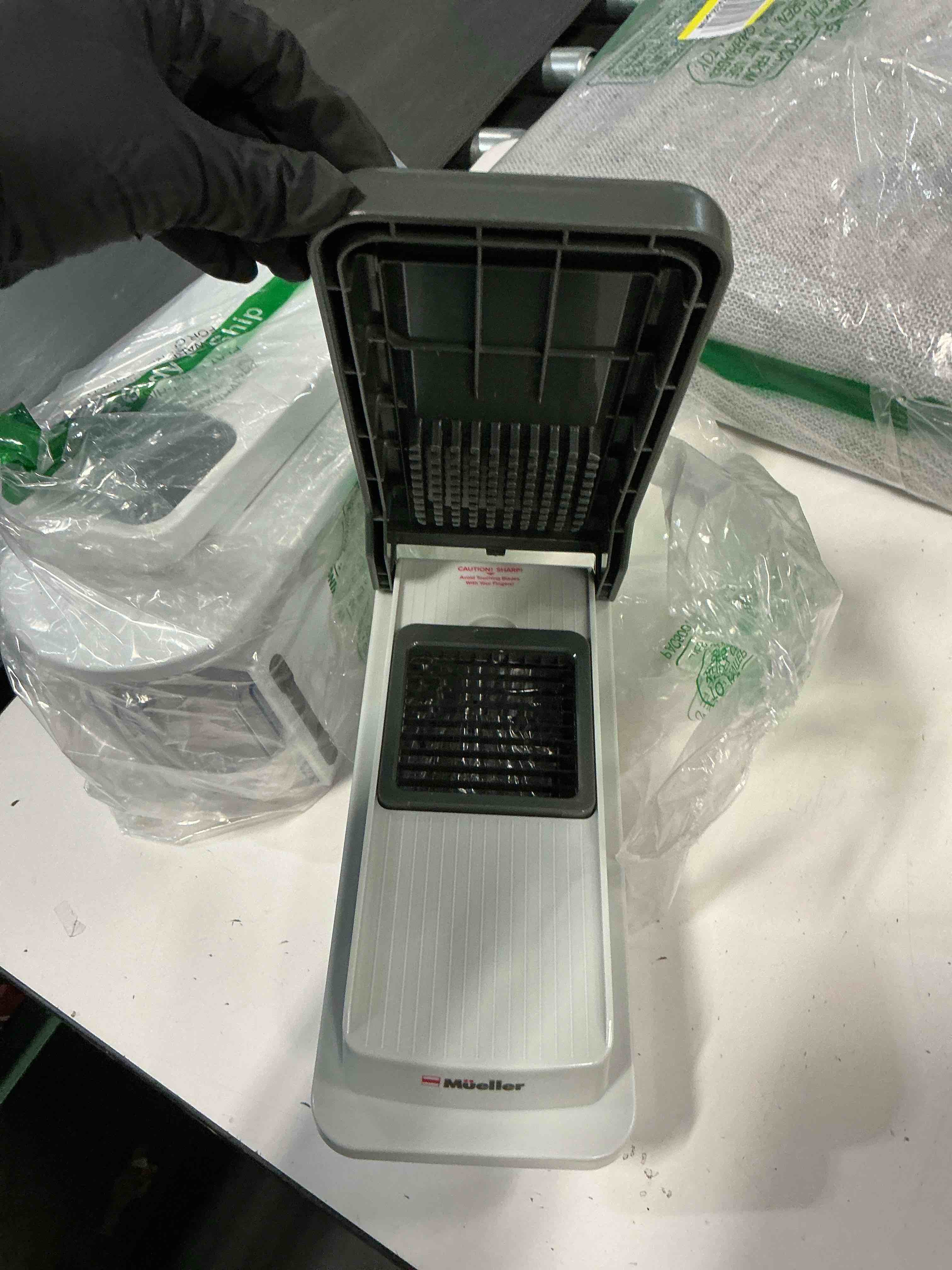 Condition photo showing As Is for Mueller Vegetable Chopper Mandoline Slicer, Food Veggie Chopper, Cheese Grater, Onion Vegetable Cutter with Container, Dicer, Kitchen Gadgets & Essentials, White Sand/Grey