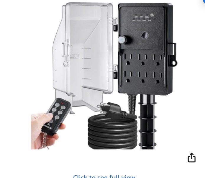 suraielec outdoor power stake timer waterproof, 100ft wireless remote control, photocell dusk to dawn timer, 6 grounded plug outlets, 6ft extension cord, for halloween decoration, lights, garden